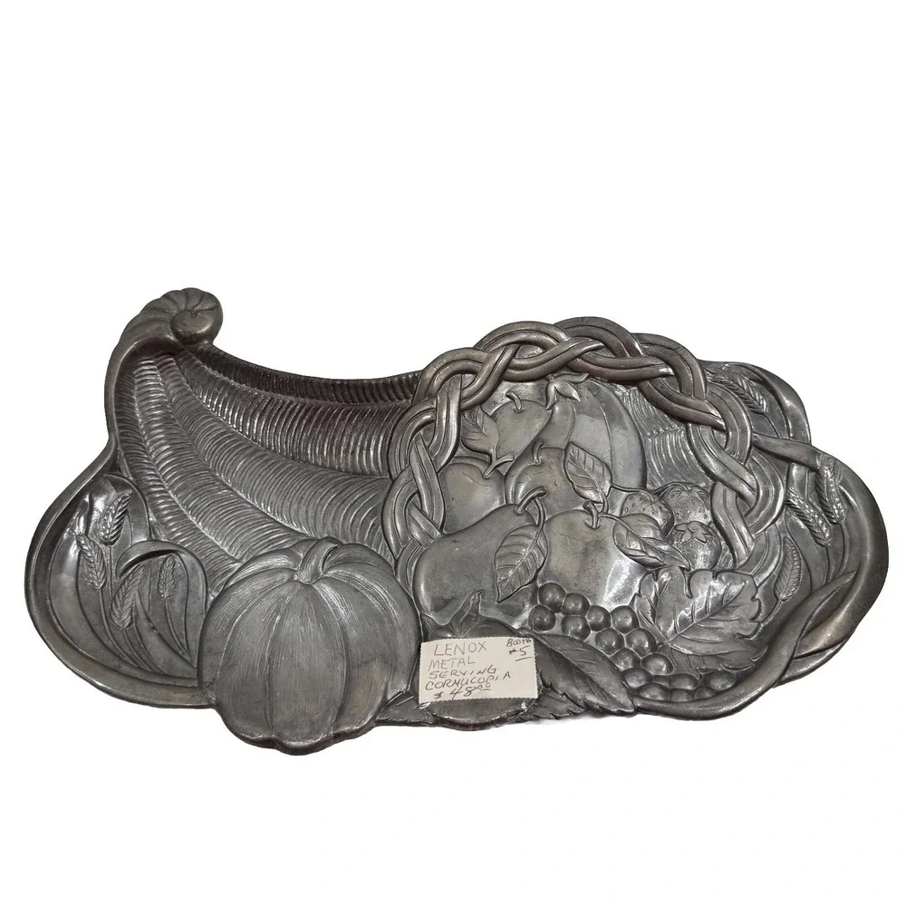 Lenox Cornucopia Horn of Plenty Vintage Metal Dish Holiday Silver Collectible